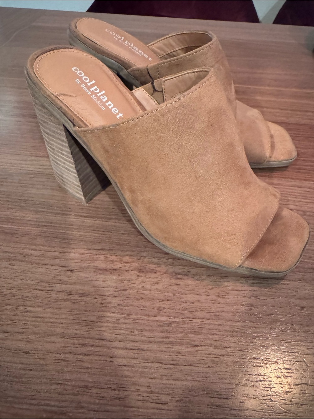 Steve Madden Tan Suede Open Toe Block Heel Mules
